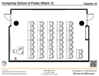 Plan view of the classroom that provides room capacity, seating locations and exits. A QR code links to room schedule and contact information is in the footer