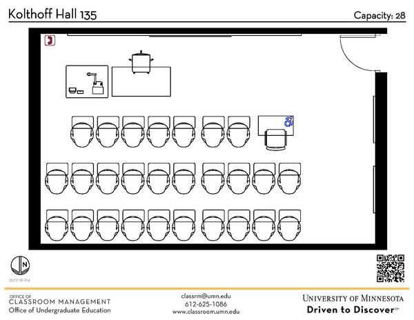 Plan view of the classroom that provides room capacity, seating locations and exits. A QR code links to room schedule and contact information is in the footer