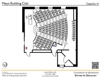 Plan view of the classroom that provides room capacity, seating locations and exits. A QR code links to room schedule and contact information is in the footer