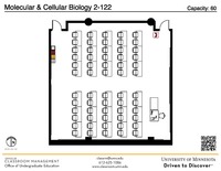 Plan view of the classroom that provides room capacity, seating locations and exits. A QR code links to room schedule and contact information is in the footer