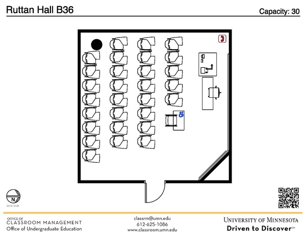 Plan view of the classroom that provides room capacity, seating locations and exits. A QR code links to room schedule and contact information is in the footer