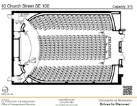 Plan view of the classroom that provides room capacity, seating locations and exits. A QR code links to room schedule and contact information is in the footer