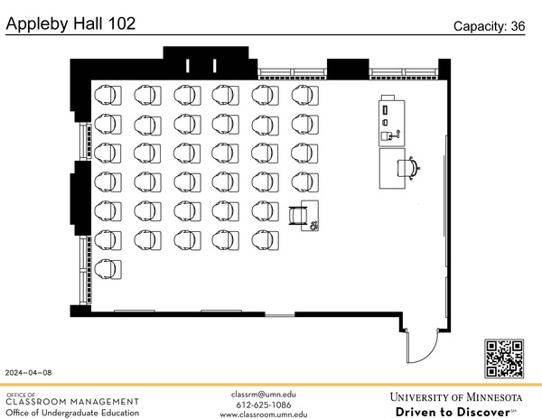 Plan view of the classroom that provides room capacity, seating locations and exits. A QR code links to room schedule and contact information is in the footer