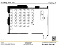 Plan view of the classroom that provides room capacity, seating locations and exits. A QR code links to room schedule and contact information is in the footer