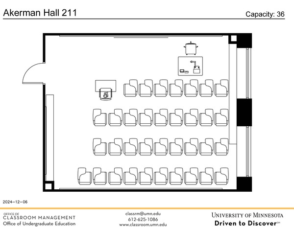 Plan view of the classroom that provides room capacity, seating locations and exits. A QR code links to room schedule and contact information is in the footer
