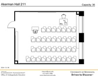 Plan view of the classroom that provides room capacity, seating locations and exits. A QR code links to room schedule and contact information is in the footer