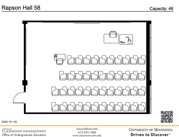 Plan view of the classroom that provides room capacity, seating locations and exits. A QR code links to room schedule and contact information is in the footer