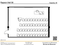 Plan view of the classroom that provides room capacity, seating locations and exits. A QR code links to room schedule and contact information is in the footer