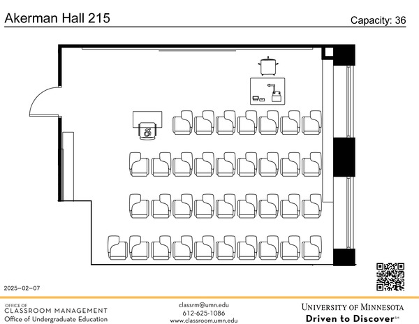 Plan view of the classroom that provides room capacity, seating locations and exits. A QR code links to room schedule and contact information is in the footer