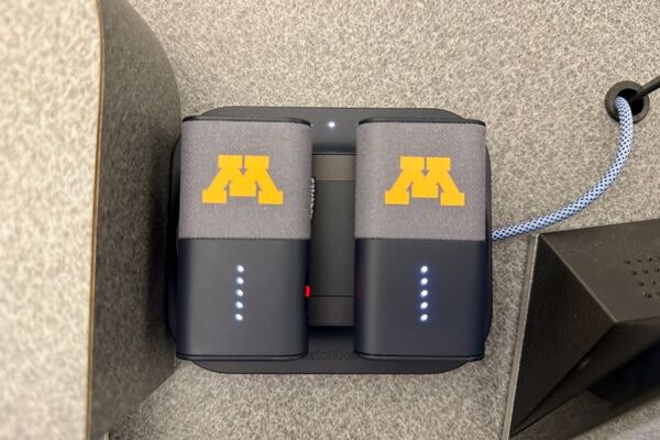 Microphones charging on pedestal surface