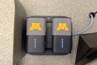 Microphones charging on pedestal surface