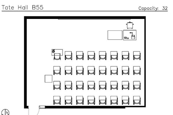Plan view of the classroom that provides room capacity, seating locations and exits. A QR code links to room schedule and contact information is in the footer