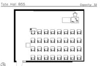 Plan view of the classroom that provides room capacity, seating locations and exits. A QR code links to room schedule and contact information is in the footer