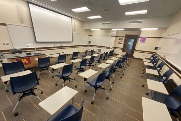 Front of Room View with Instructor Pedestal to Left of Board