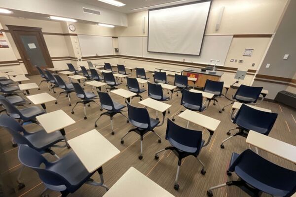 Front of Room View with Instructor Pedestal to Right of Board