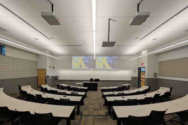 Front of room view with lectern center in front of markerboard 