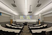 Front of room view with lectern center in front of markerboard 
