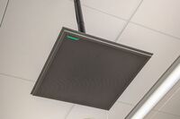 microphone ( tile mounted to the ceiling to provide microphone coverage over student seating )
