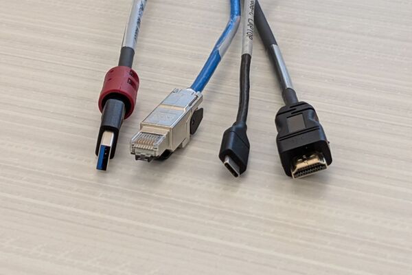 Pedestal - laptop cable connections with cables pulled out showing cable ends