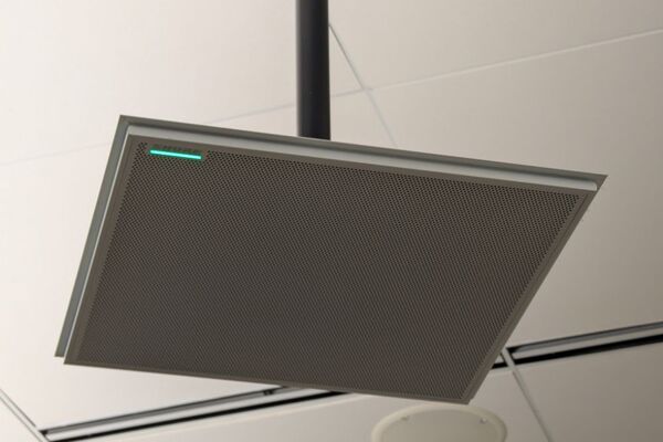 microphone tile mounted to the ceiling to provide coverage over student seating
