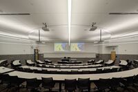 Front of room view with lectern center in front of markerboard 