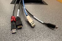 Pedestal - laptop cable connections with cables pulled out showing cable ends
