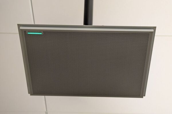 microphone tile mounted to the ceiling to provide coverage over student seating
