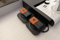 Pedestal - showing two wireless mics in charging base