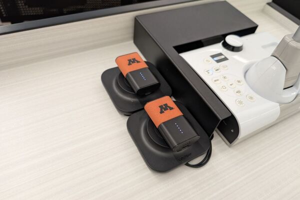 Pedestal - showing two wireless mics in charging base