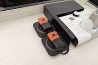 Pedestal - showing two wireless mics in charging base