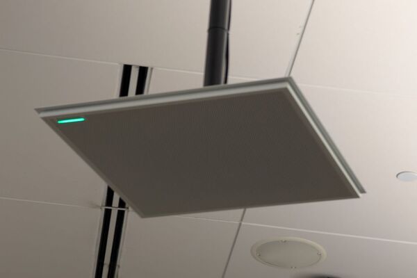 microphone tile mounted to the ceiling to provide coverage over student seating
