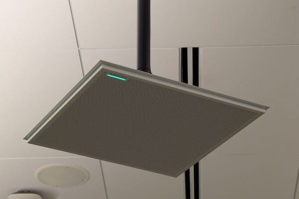 microphone tile mounted to the ceiling to provide coverage over student seating