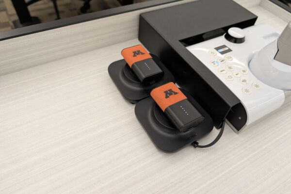 Pedestal - showing two wireless mics in charging base