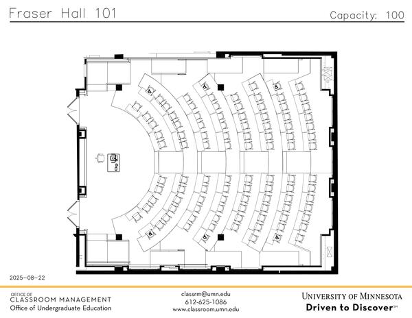 Plan view of the classroom that provides room capacity, seating locations and exits.  Contact information is in the footer