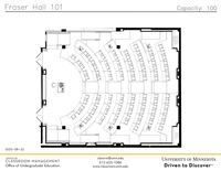 Plan view of the classroom that provides room capacity, seating locations and exits.  Contact information is in the footer