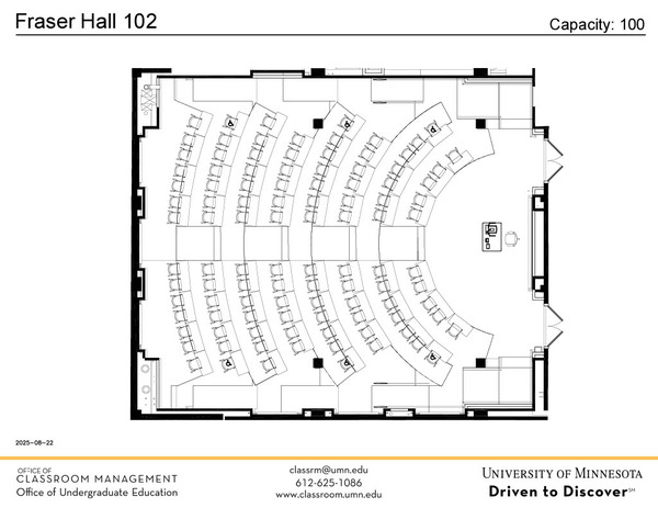 	Plan view of the classroom that provides room capacity, seating locations and exits. Contact information is in the footer