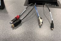 Pedestal - laptop cable connections with cables pulled out showing cable ends