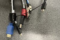 Pedestal - laptop cable connections with cables pulled out showing cable ends