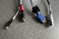Pedestal - laptop cable connections with cables pulled out showing cable ends