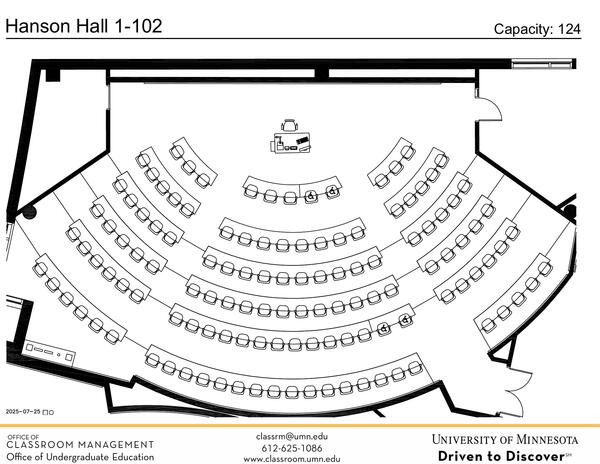Plan view of the classroom that provides room capacity, seating locations and exits. 