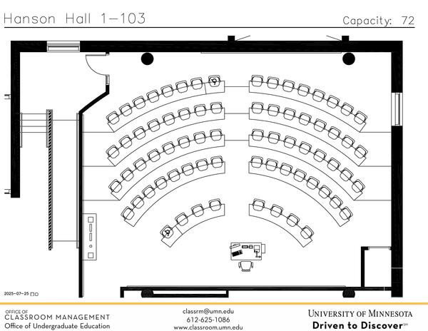Plan view of the classroom that provides room capacity, seating locations and exits. 