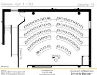 Plan view of the classroom that provides room capacity, seating locations and exits. 