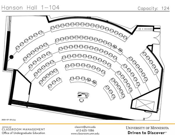Plan view of the classroom that provides room capacity, seating locations and exits. 