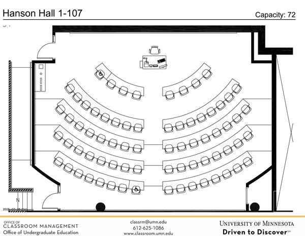 Plan view of the classroom that provides room capacity, seating locations and exits. 