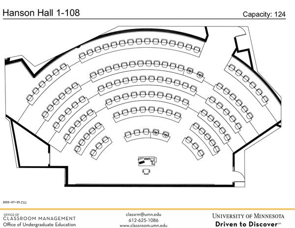 Plan view of the classroom that provides room capacity, seating locations and exits. 