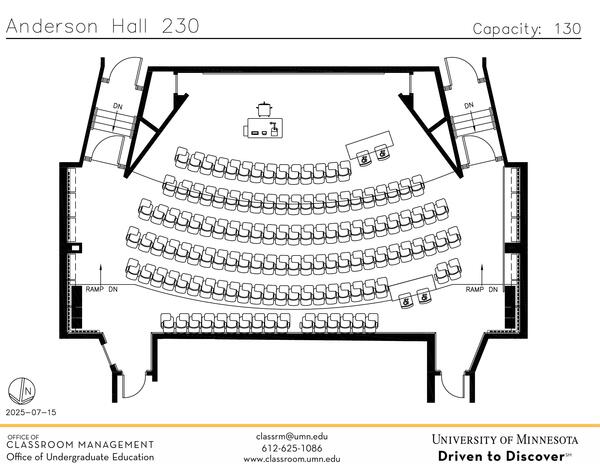 Plan view of the classroom that provides room capacity, seating locations and exits. 