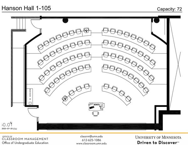Plan view of the classroom that provides room capacity, seating locations and exits.