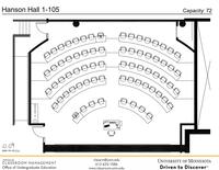 Plan view of the classroom that provides room capacity, seating locations and exits.