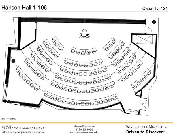 Plan view of the classroom that provides room capacity, seating locations and exits.