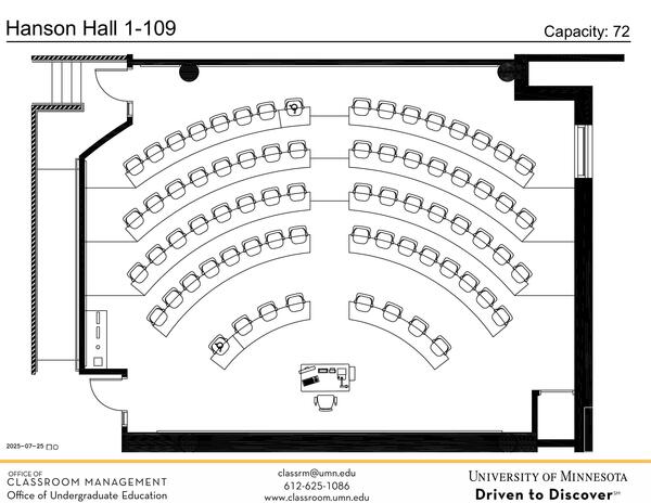 Plan view of the classroom that provides room capacity, seating locations and exits.
